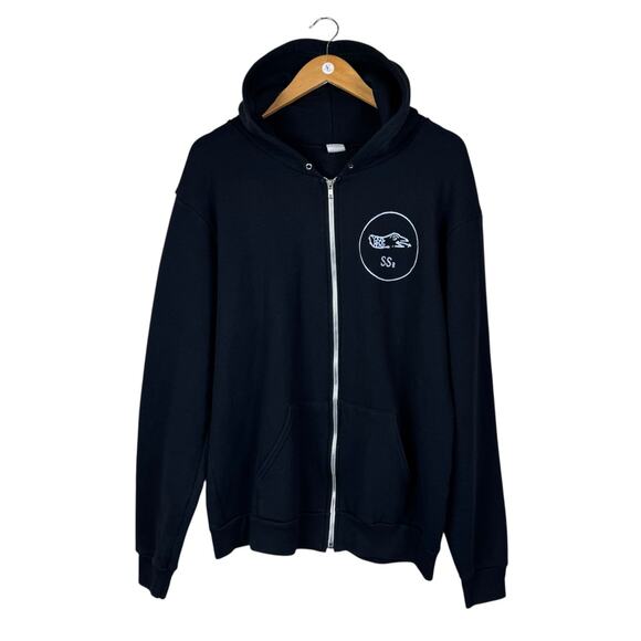 American Apparel F497 Mens Black Solid State Record Graphic Print Zip Hoodie - Picture 1 of 8